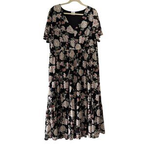 Siren Lily Womens Floral Longer Dress 3X Flutter Sleeves Elastic Waist Tiered